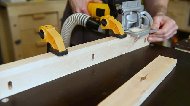Wood lamella router in action cutting into a wooden surface. The spinning bit carves a precise groove as the attachment cutting into the material.