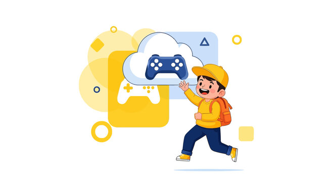 Joyful kid reaches out to cloud gaming technology for virtual adventures and fun entertainment