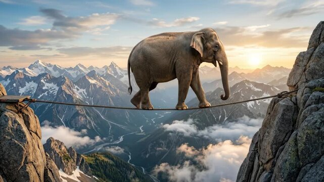 A happy elephant walking a tightrope high in the mountains, sweeping peaks below, soft clouds and a magical sense of daring wonder, ultra-realistic, no logos.