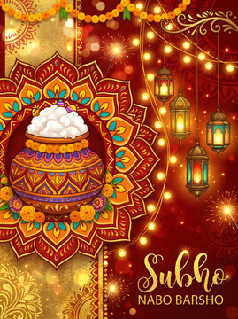 Vibrant bengali new year celebration with traditional poila boishakh elements and decorations