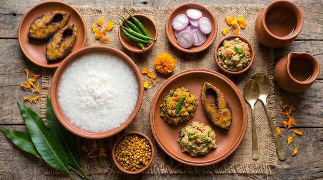 Traditional indian bengali meal with rice fish curry and vegetables on clay plates