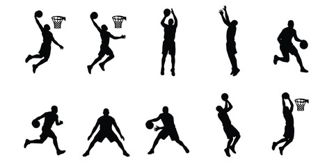 Basketball player silhouettes set, black vector athlete figures dunking and dribbling, professional basketball action poses collection © Jannatul