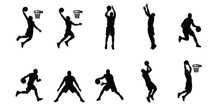 Basketball player silhouettes set, black vector athlete figures dunking and dribbling, professional basketball action poses collection