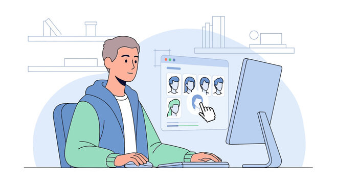 Man chooses online avatars on his computer screen for his social media presence profile