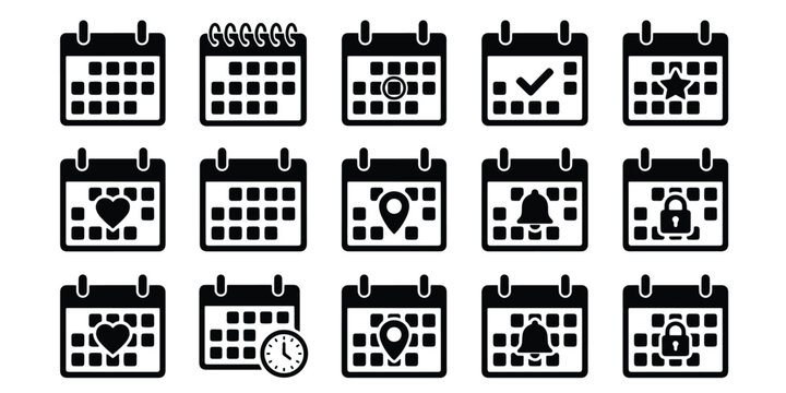 Calendar icon set with 15 black vector elements, schedule and appointment planning symbols, minimalist date and time management icons for business