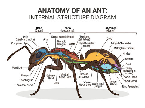 Detailed internal anatomy diagram of an ant, showcasing its vital organs and structures