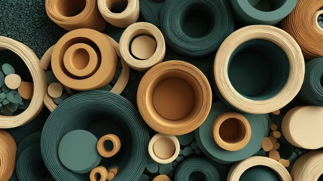 Various sized cylindrical and ring shapes are densely packed in an abstract pattern