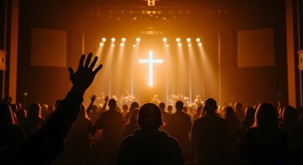 Fototapeta premium Silhouette of a congregation with raised hands worshiping in a church with a glowing cross