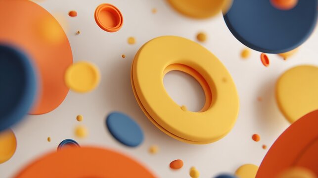 Abstract composition features assorted geometric shapes in vibrant complementary colors against a pale background