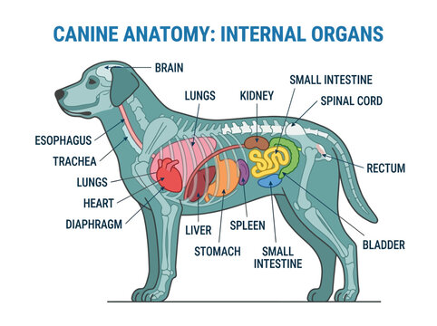 Detailed anatomical illustration of the internal organs of a canine, clearly labeled with scientific terms for educational purposes