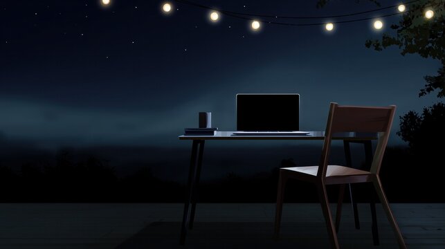Espace de travail freelance vide avec ordinateur portable la nuit, ambiance sombre et espace de copie pour texte.