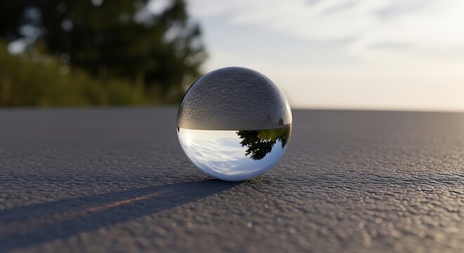A glass orb reflects a sky and green surroundings, sitting on rough pavement, lit by sunlight. Focus is sharp on the globe