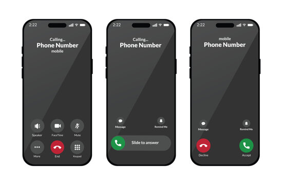 Three mobile phone screen interface mockups showing incoming and outgoing call screens on dark background
