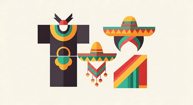 A geometric illustration of various Mexican cultural elements with sombrero hats and traditional clothing