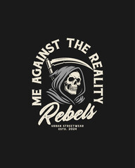 Fototapeta premium Grim Reaper Skull With Scythe and Rebels Text.