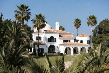 Fototapeta premium A large, white Mediterranean-style villa is surrounded by palm trees and lush greenery under a clear blue sky.