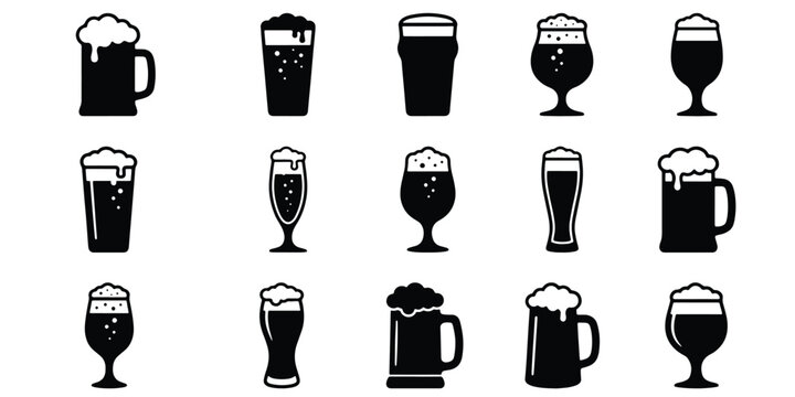 Minimalist beer glass icons set, black silhouette craft beer mugs and pint glasses with foam, 15 brewery beverage vector elements for bar menus