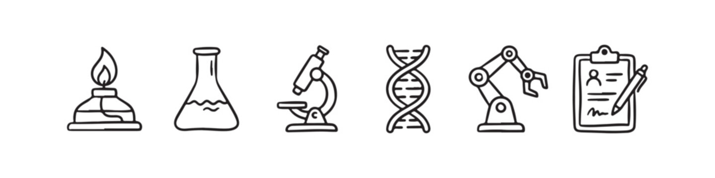 A set of solid black icons representing scientific research, laboratory experiments, and biotechnology innovations.
