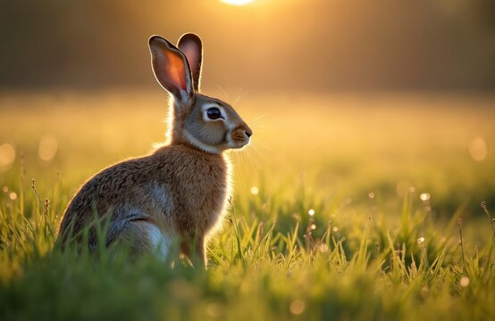 Wild hare sits in grassy meadow during sunrise. Warm sun illuminates furry mammal in nature. Rabbit looks alert in green field at dawn. Peaceful wildlife scene.