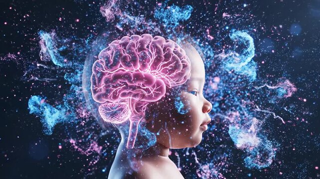 Baby with glowing brain illustration for commercial backgrounds, digital design, and advertising