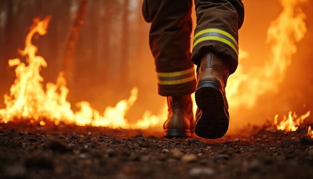 Firefighter walks through burning forest. Feet in protective boots step over ash and embers. Flames surround the brave hero fighting wildfire danger.