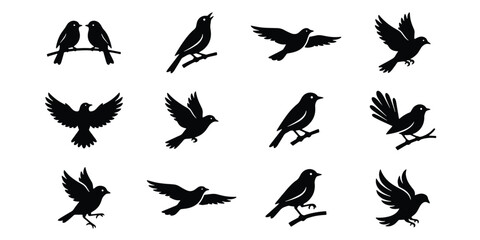 Obraz premium Black bird silhouettes collection, 12 flying and perched songbird vector icons, minimalist avian nature elements for logo design and branding