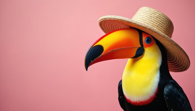 Toucan bird wears straw hat on pink background. It has large colorful beak, yellow chest, black wings. Perfect for summer vacation themes, tropical ads.