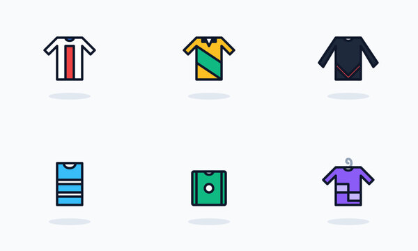 Hand-drawn collection featuring six unique colorful sports jerseys and athletic apparel icon designs displayed in grid authentic illustration