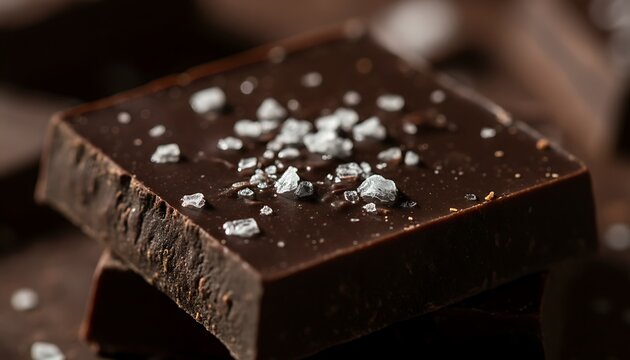 Macro photograph of a dark chocolate square with flaked sea salt and gold dust on a dark slate background