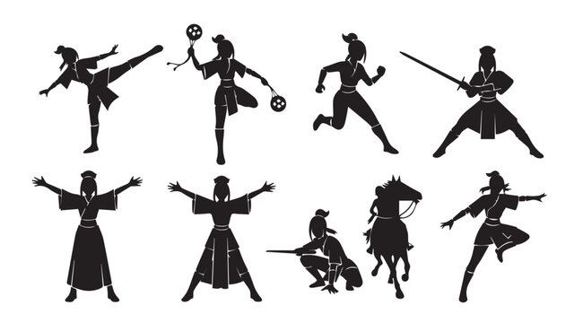 Silhouette warrior poses in traditional Asian attire during combat and martial arts