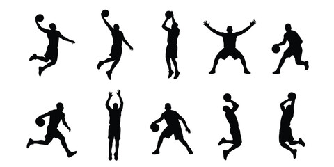 Basketball player silhouettes set, 10 athletic male figures in action poses, black vector sports icons for dunking and dribbling graphics © Tanzina