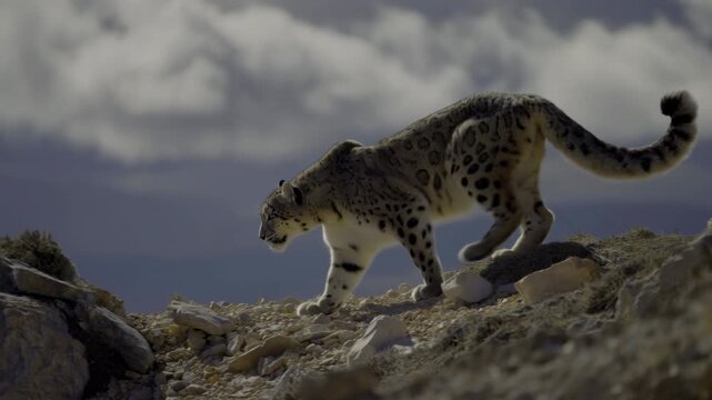 Alpine Snow Feline Prowling Stealthily. Solitary Snow Leopard Navigates Rugged Mountain Landscape With Grace