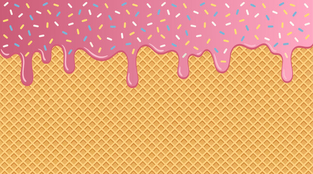 A glossy pink strawberry glaze, heavily scattered with vibrant blue, yellow, and white sprinkles, drips deliciously down the textured grid of a crispy, golden-brown waffle cone in this vector artwork