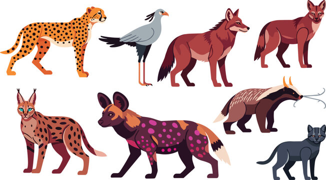 Set of Colorful Wild Animal Vector Illustrations Featuring Cheetah, Hyena, Fox, Bird, and Other Creatures for Graphic Design and Nature Art Projects
