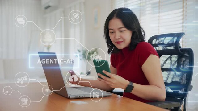 Young asian woman happy smile using search on phone Agent AI app retail shop store pay buy at home Modern Agentic bot order assisted people easy booking hotel ticket vacation smart life virtual wallet