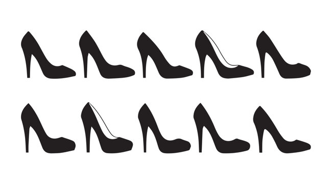 Ten black high heel shoe silhouettes arranged in two rows on a white background