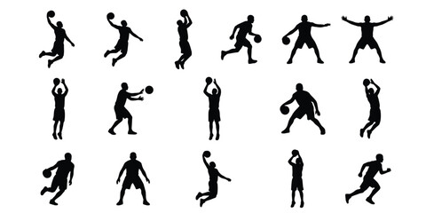 Basketball player silhouettes set, 15 athlete vector icons, professional basketball players dunking and dribbling, sports action poses on white background © Jebun