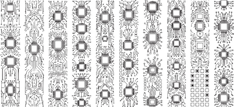 Computer chip and circuit board elements graphic design technological pattern for technology industry abstract background.