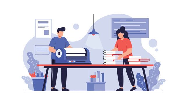 Two skilled workers operating large printing machine and organizing stacks of newly printed books in publishing studio.