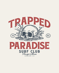 Fototapeta premium Trapped Paradise Surf Club Skull Splash Graphic Design.