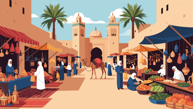 Vibrant traditional market in a Middle Eastern city featuring vendors, shoppers, a camel, and stunning Islamic architecture.
