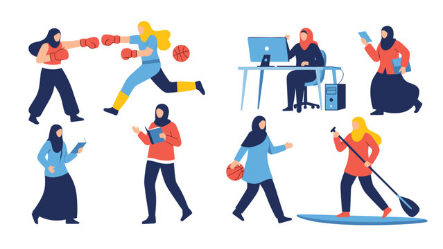 Collection of illustrations depicts diverse Muslim women wearing hijabs and participating in sports, office work, and outdoor hobbies.