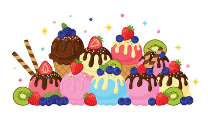 Fototapeta premium Large assortment of colorful ice cream scoops decorated with fresh berries like strawberries blueberries blackberries and kiwi slices with sauce.