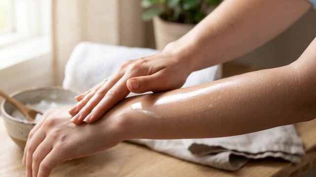 Person applying cream on arm with gentle massage at home, skincare routine for hydration, body care, wellness, hygiene and beauty treatment concept.