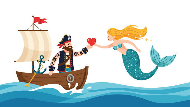 Bearded pirate standing on a wooden boat offers a bright red heart to a beautiful mermaid swimming in the deep blue ocean water.