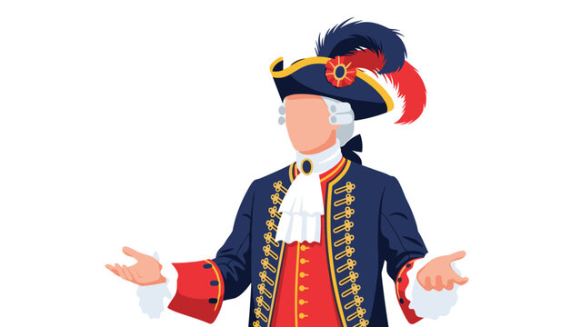 Portrait of historical nobleman dressed in ornate blue and red period costume with feathered bicorne hat and lace jabot.