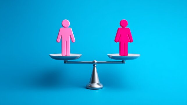 Gender Equality in Recruitment - Male and Female Icons Balancing on Scale with Minimalistic Design and Copy Space for Text.
