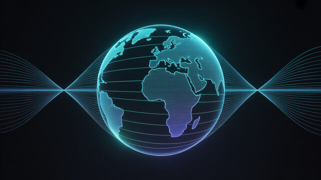 Globe with digital network lines and binary code on dark background, technology