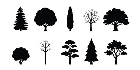 Black tree silhouettes set, collection of 10 forest and garden tree icons, minimalist botanical vector elements for landscape design and mapping © Khaled