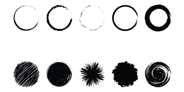Grunge ink brush circles set, hand drawn black paint stroke frames, 10 textured round vector elements for artistic graphic design and branding